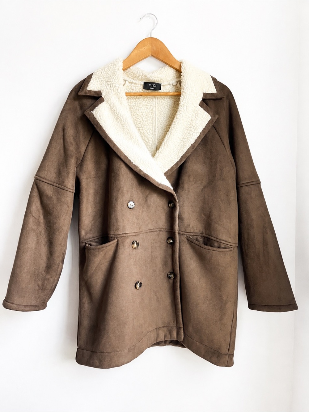 VICI Brown Faux Suede Jacket Coat with Cream Sherpa Lining